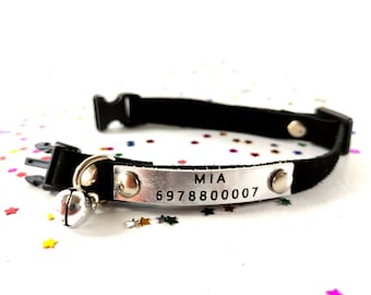 Fluffy soft black leather cat name safety collar, breakaway name tag kitten collar
