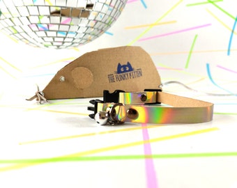 Reflective rainbow leather kitten reflective collar with optional bell, cat custom id