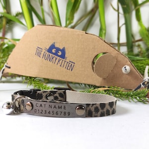 Cheetah animal print leather cat collars with bell, custom id kitten collar