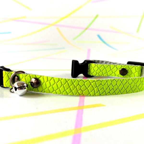 Neon yellow leather breakaway cat collar with optional bell, custom cat gift soft collar, small pet name collar