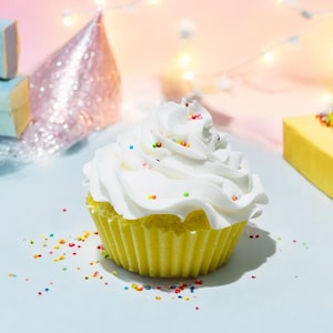 Puede incluir: Un cupcake amarillo con glaseado blanco y chispas de colores. El cupcake está sobre una superficie azul claro.