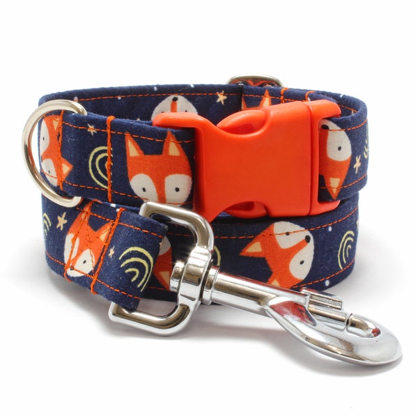 Foxes on Navy Dog Collar & Lead Set