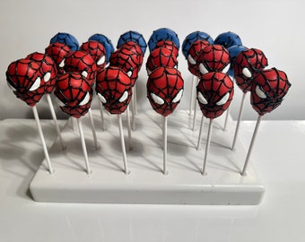 Spiderman cake pops to delight kids at birthday parties.  Sold by the dozen.  No shipping outside MD, DC and VA.