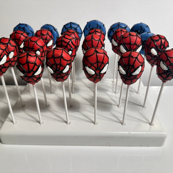 Spiderman cake pops to delight kids at birthday parties.  Sold by the dozen.  No shipping outside MD, DC and VA.