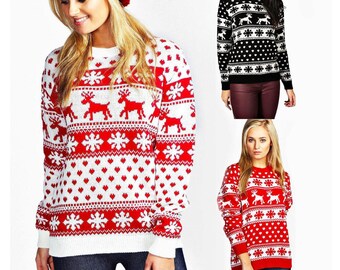 Womens Ladies Christmas Jumper Snowflake Reindeer Knitted Pullover Knitted Xmas Top UK 8-22