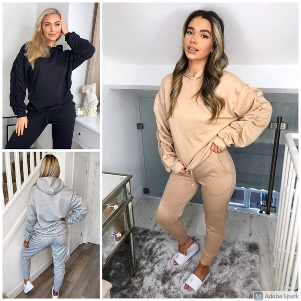 Womens Ladies Ruched Hooded Lounge Wear Two Piece Jogging Tracksuit Set