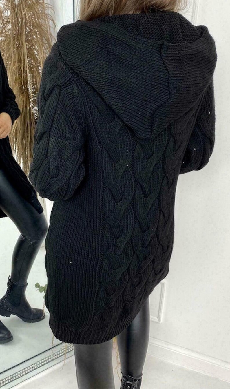 Womens Chunky Cable Knit Cardigan Cape Hooded Longline Etsy