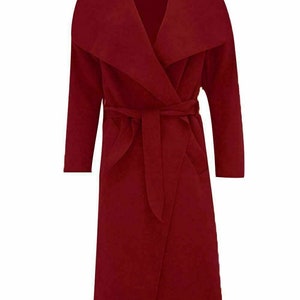 Italian Wool Trench Coat For Women – Waterfall Duster, Belted, Knee-Length With Beaded Accents