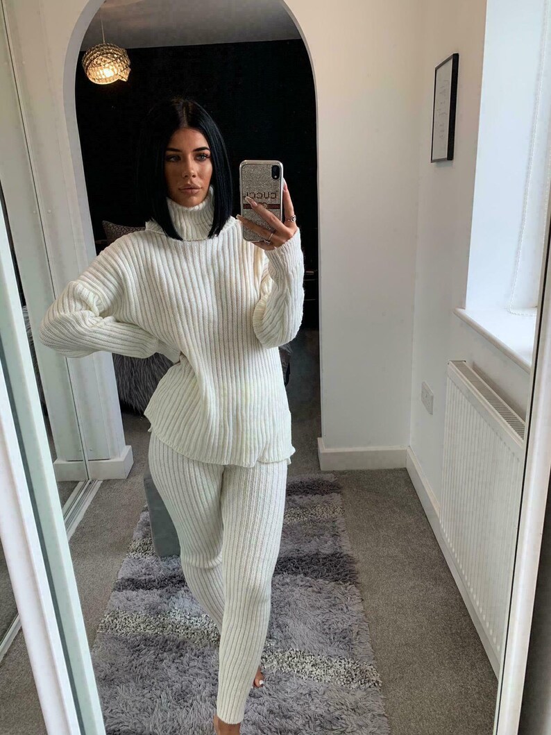 Dames Chunky Knitted High Polo Neck 2 Piece Loungewear Set | Etsy