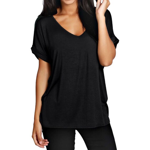 Womens Ladies Baggy V Neck Batwing Turn Up Sleeve Loose Fit Oversize T-Shirt Top 
