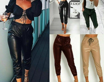 Womens Wet Look PU PVC Shiny Paper Bag Faux Leather Look Trousers Pant Joggers