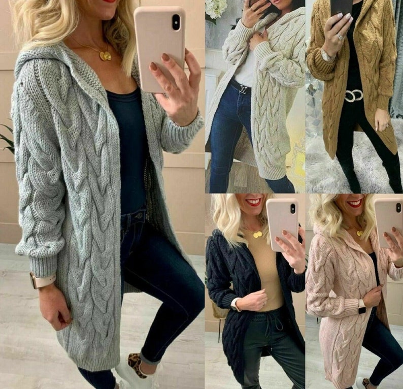 Womens Chunky Cable Knit Cardigan Cape Hooded Longline Cardigan