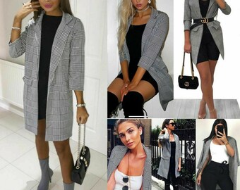 New Ladies Womens Check Hounds Tooth Tartan 3/4 Sleeve Duster Coat Jacket Blazer New Ladies Womens Check Hounds Tooth Tartan 3/4 Sleeve Duster Coat Jacket Blazer