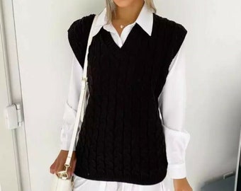 Womens Cable Knit Sleeveless Vest Sweater Ladies Knitted Jumper Tank Top Winter Pullover Sweater