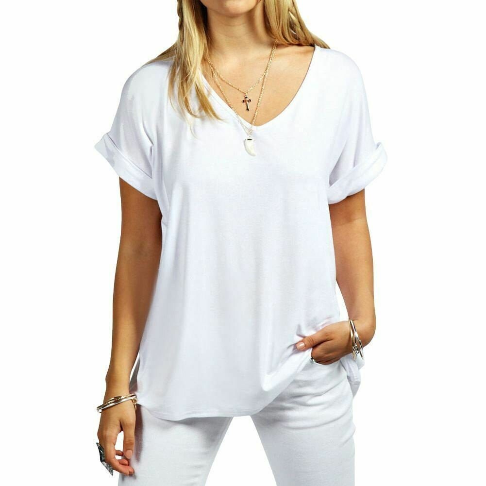 New Womens Ladies Baggy Fit V Neck Turn Up Sleeve Loose Batwing T-Shirt Top 8-26 