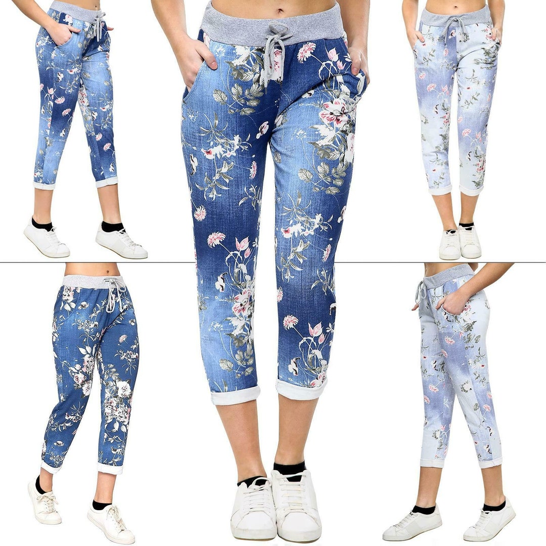 Womens Magic Pants Turn up Lightweight Pants Summer Floral Star Print ...