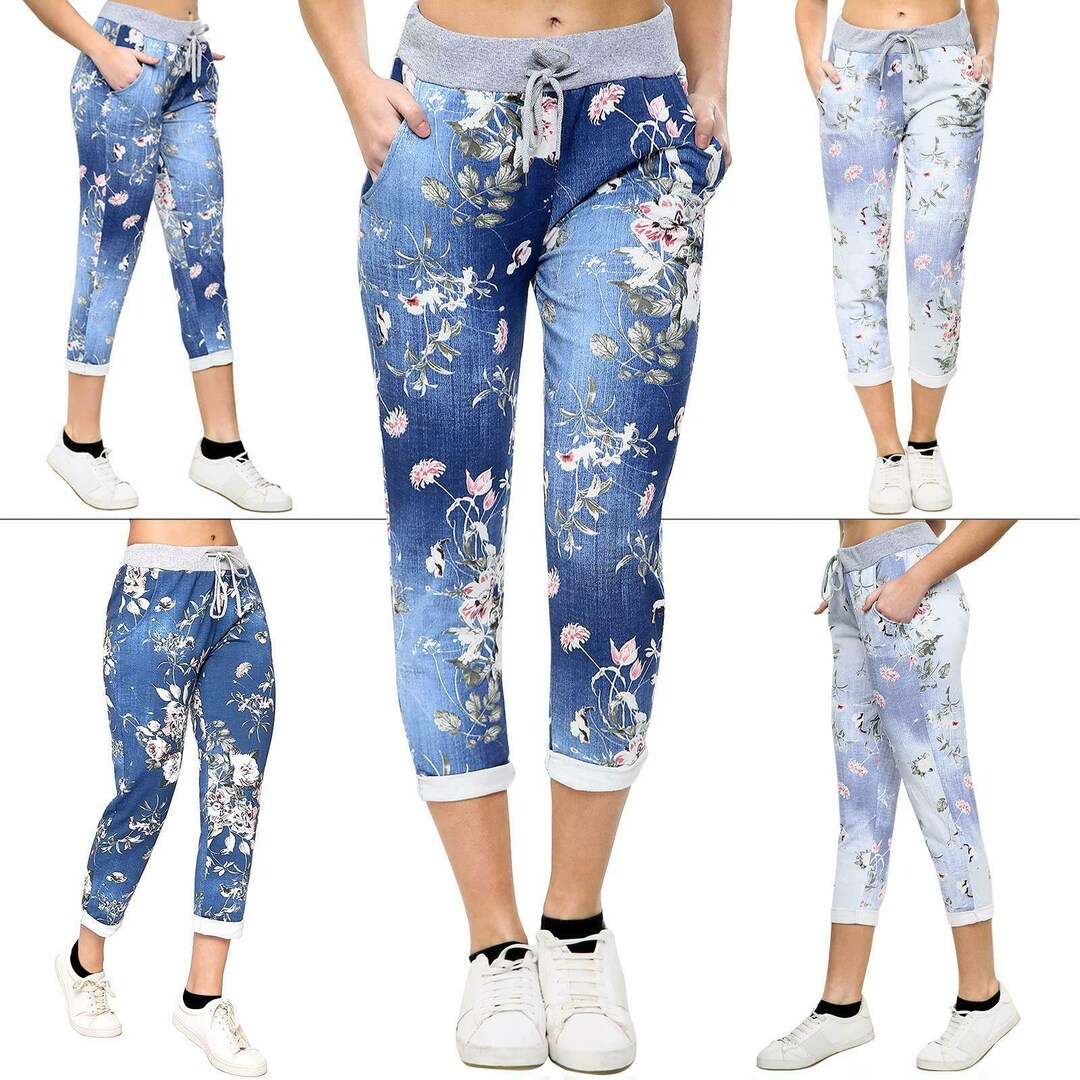 Womens Magic Pants Turn up Lightweight Pants Summer Floral Star Print