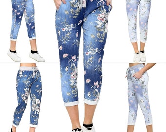 Womens Magic Pants Turn Up Lightweight Pants Summer Floral Star Print Cotton Italian Trousers