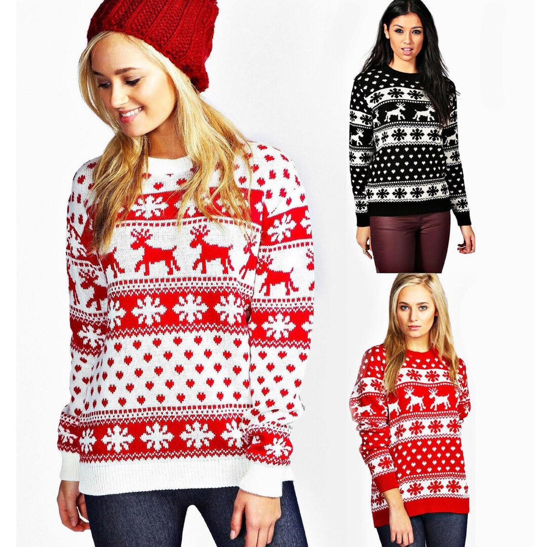 Womens Ladies Christmas Jumper Snowflake Reindeer Knitted Pullover ...