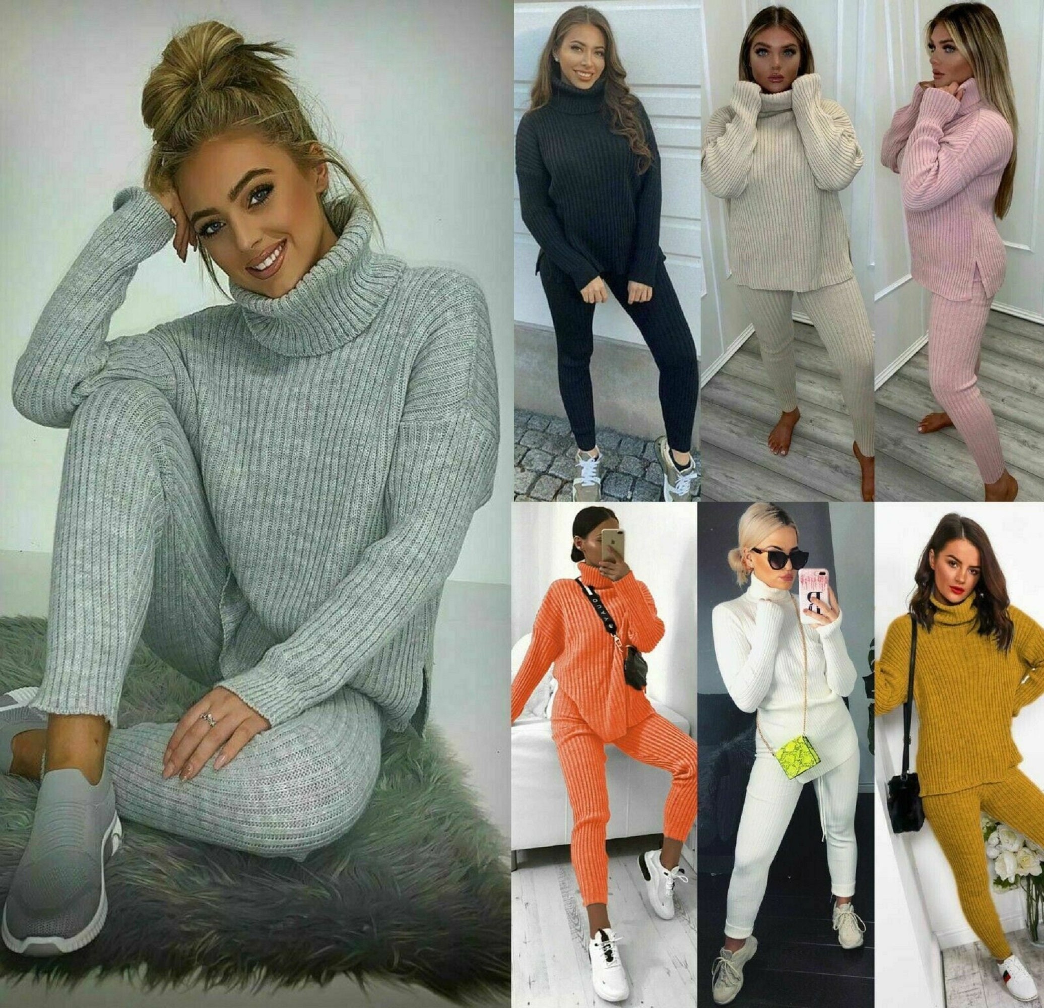 Women Ladies Chunky Cable Knitted Polo High Neck Top Legging Loungewear Suit Set