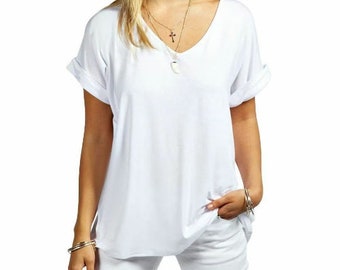 Women Ladies Baggy Oversized Turn up Batwing Sleeve V Neck Top T shirt