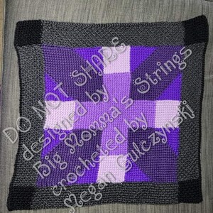 May include: Purple, white, and black crochet square blanket with the text "DO NOT SHARE designed by Bigs Momma's crocheted by Meegan Gulczynski"