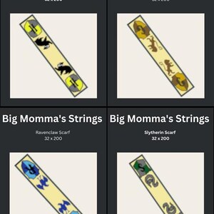 May include: Four scarves with different house crests and colors. Each scarf is rectangular, with a cream-colored background and house-specific emblems. The text "Big Momma's Strings" is at the top of each image, with the house name and dimensions below.