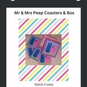 May include: A set of four pink and blue peep-themed coasters and a matching box. The coasters and box are made with plastic canvas and feature a cross-stitch design. The stitch count is 35 wide by 35 high by 14 deep.