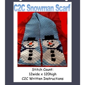 May include: A blue and white crochet scarf with a snowman design. The scarf is 12 inches wide and 120 inches long. The pattern is called C2C, which stands for corner to corner. Stitch count: 12 wide x 120 high. C2C Written Instructions.