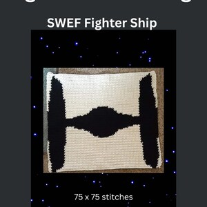 May include: A white crochet blanket with a black crocheted image of a Star Wars X-Wing fighter ship. The blanket is 75 x 75 stitches.