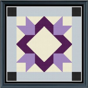 May include: A purple and white quilt block with a star design. The star is made up of eight points and is surrounded by a white square. The background of the block is a light blue color.