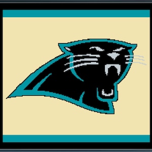 May include: A framed image featuring the Carolina Panthers logo. The logo is a black panther head with teal accents, set against a cream background. Teal bands frame the top and bottom of the image.