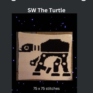 May include: A crochet pattern of a Star Wars AT-AT walker, in black and white, on a white background. The pattern is 75 stitches by 75 stitches.