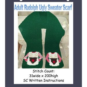 Puede incluir: Bufanda de crochet verde con un diseño de Rodolfo el reno de nariz roja. La bufanda mide 79 cm de ancho y 508 cm de largo. Se incluye el conteo de puntos y las instrucciones escritas.