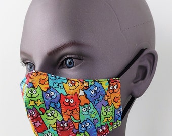 Colorful cats kids mask, Crazy kittens kids mask, Small cotton adjustable washable mask for 5yo 6yo 7yo 8yo 9yo