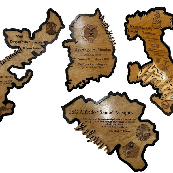 Elk LAND Naam Kaart Overzicht | Kaart Gelaagd Multiplex Plaque | Militair geschenk | Baas Waardering Cadeau | Weggaan cadeau | PCS-geschenk