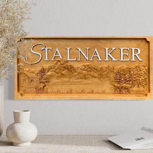 Custom 3D Mountain Scenery Woods Cabin Signage Family Name Signs Carved Wooden Sign Last Name Established Gift for Dad