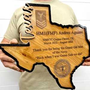 Mapa con el nombre de cualquier estado de EE. UU., placa de madera contrachapada en capas con el mapa de Texas, premio militar, regalo de agradecimiento al jefe, regalo de despedida, regalo de PCS
