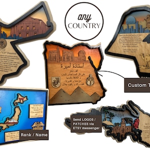 Placa personalizada con paisaje de madera en capas para cualquier país, isla o región. Premio de regalo militar. Placa de jubilación. Regalo de despedida para un compañero de trabajo.
