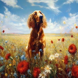 Könnte beinhalten: Ein goldbrauner Irish Setter steht in einem Feld voller Wildblumen. Der Hund schaut nach rechts im Bild. Das Feld ist gefüllt mit blauen, roten und weißen Wildblumen.