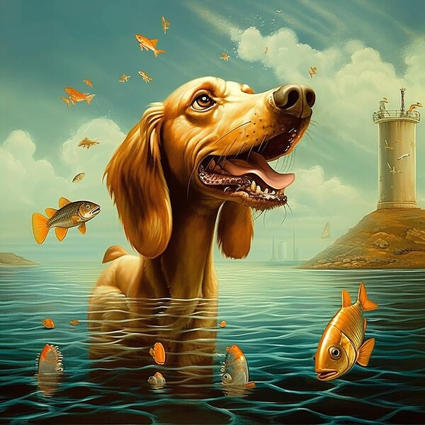 Surrealistisch hondenportret Golden Retriever / AI gegenereerd / gedrukt op canvas