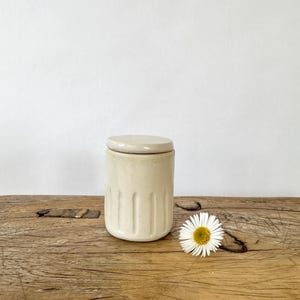 May include: A white ceramic jar with a lid, featuring vertical lines on the body. The jar is sitting on a wooden surface with a white daisy flower.