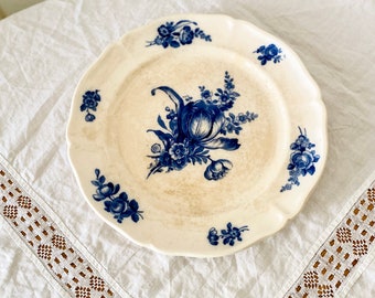 Grandes platos antiguos de loza Terre de Fer VILLEROY & BOCH Mettlach 1897 decoración floral azul