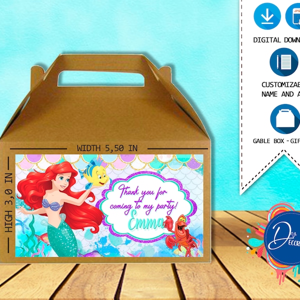 Ariel The little mermaid  Box Label, Gable box, Labels for Birthday Party-Printable DIGITAL DOWNLOAD -box label- Gable box- Ariel Birthday