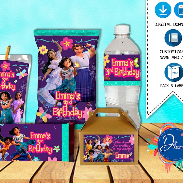 Charm Pack 5 étiquettes pour la fête d'anniversaire - TÉLÉCHARGEMENT NUMÉRIQUE imprimable - Sac à puces - Boîte à pignon - Jus - Bouteille d'eau - Candy Bar