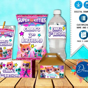 Lot de 5 étiquettes Super Kitties pour anniversaire - TÉLÉCHARGEMENT NUMÉRIQUE imprimable Sac de chips - Boîte à pignon - Jus - Bouteille d'eau - Barre chocolatée. Anniversaire de Kitties