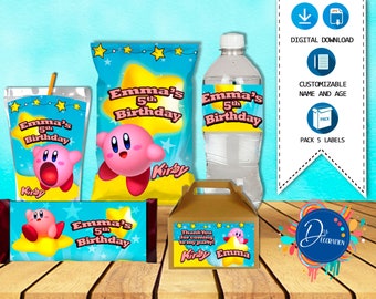 Kirby Pack 5 Labels for Birthday -Printable DIGITAL DOWNLOAD Chip Bag -Gable Box -Juice -Water Bottle-Candy Bar Kirby  Birthday