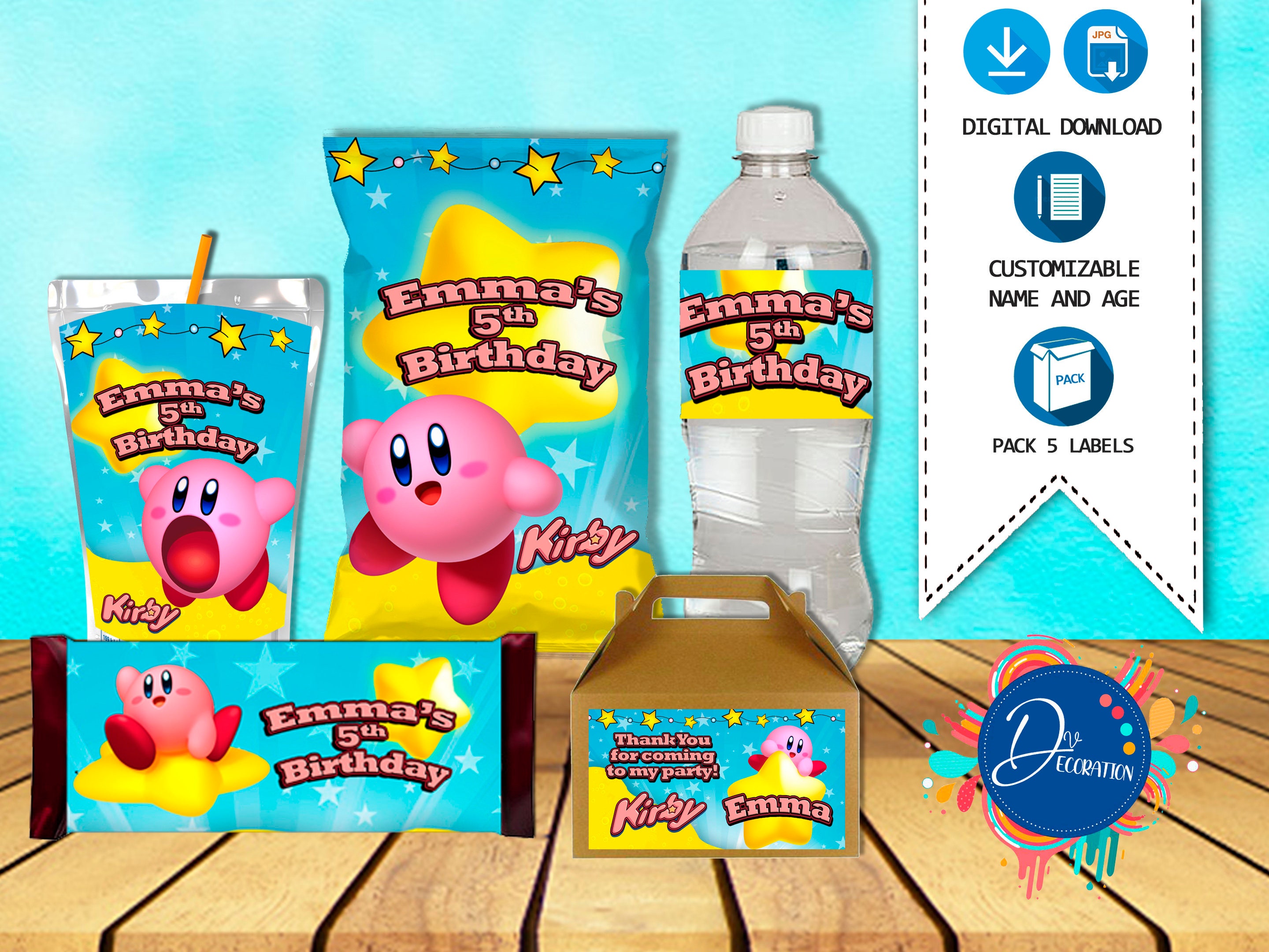 Kirby Pack 5 Labels for Birthday -Printable DIGITAL DOWNLOAD Chip Bag -Gable Box -Juice -Water Bottle-Candy Bar Kirby  Birthday