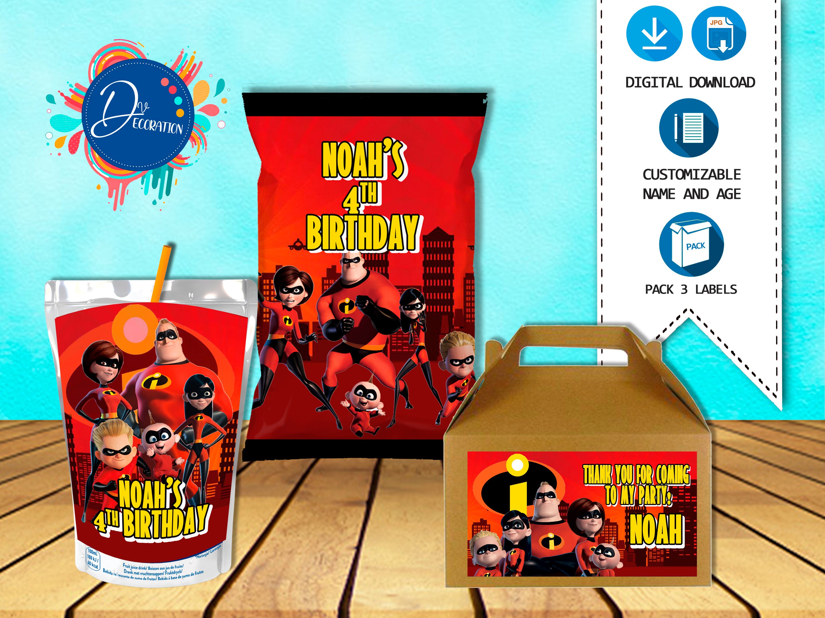 The Incredibles Labels for Birthday Party Pack - Printable DIGITAL DOWNLOAD - Chip Bag - Gable Box - Juice. The Incredibles Birthday
