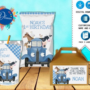 Etichette Little Blue Truck Story per Birthday Party Pack - DOWNLOAD DIGITALE stampabile - Chip Bag - Gable Box - Juice Little Blue Truck Birthday